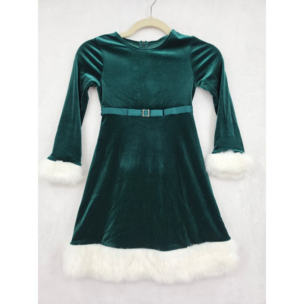 Bonnie Jean Girls Green Glitter Velvet Faux Fur Holiday Dress Size 7 Christmas